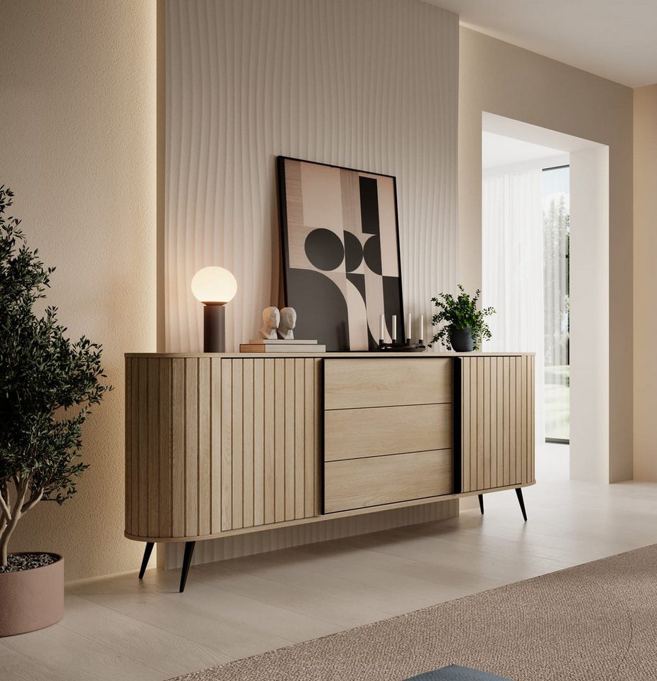 MOEBLO Kommode NOLI 196 2d3s (Gerillte Fronten, strukturierte Oberfläche, 3D-Optik, Design-Fronten, Eiche Cremona, Sideboard Wohnzimmer Kommode Schlafzimmer Komodenschrank Highboard), (BxHxT): 196 cm x 81,8 cm x 40,2 cm von MOEBLO