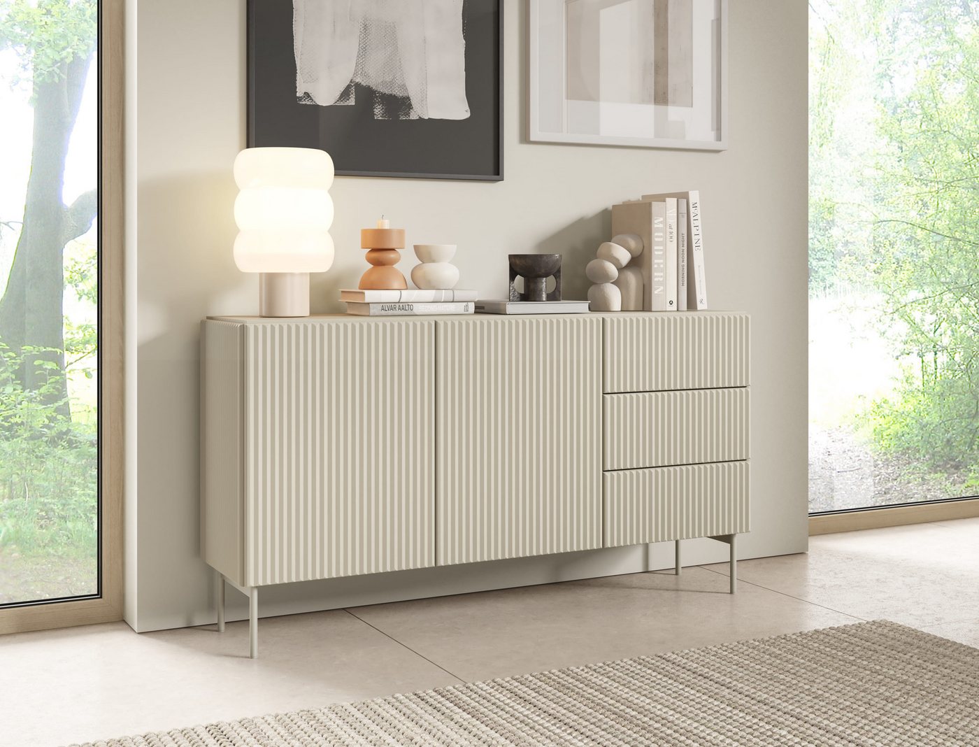 MOEBLO Kommode NORI 147 2d3s (Modernes Sideboard im eleganten Fluted-Design, wahlweise in Kaschmir oder Tiefschwarz, Stilvolle Wohnzimmer-Kommode mit Push-to-Open-System, geriffelten MDF-Fronten & stabilen Metallfüßen, Skandi & Japandi Designmöbel), (BxHxT): 147 x 81,2 x 39,8 cm von MOEBLO