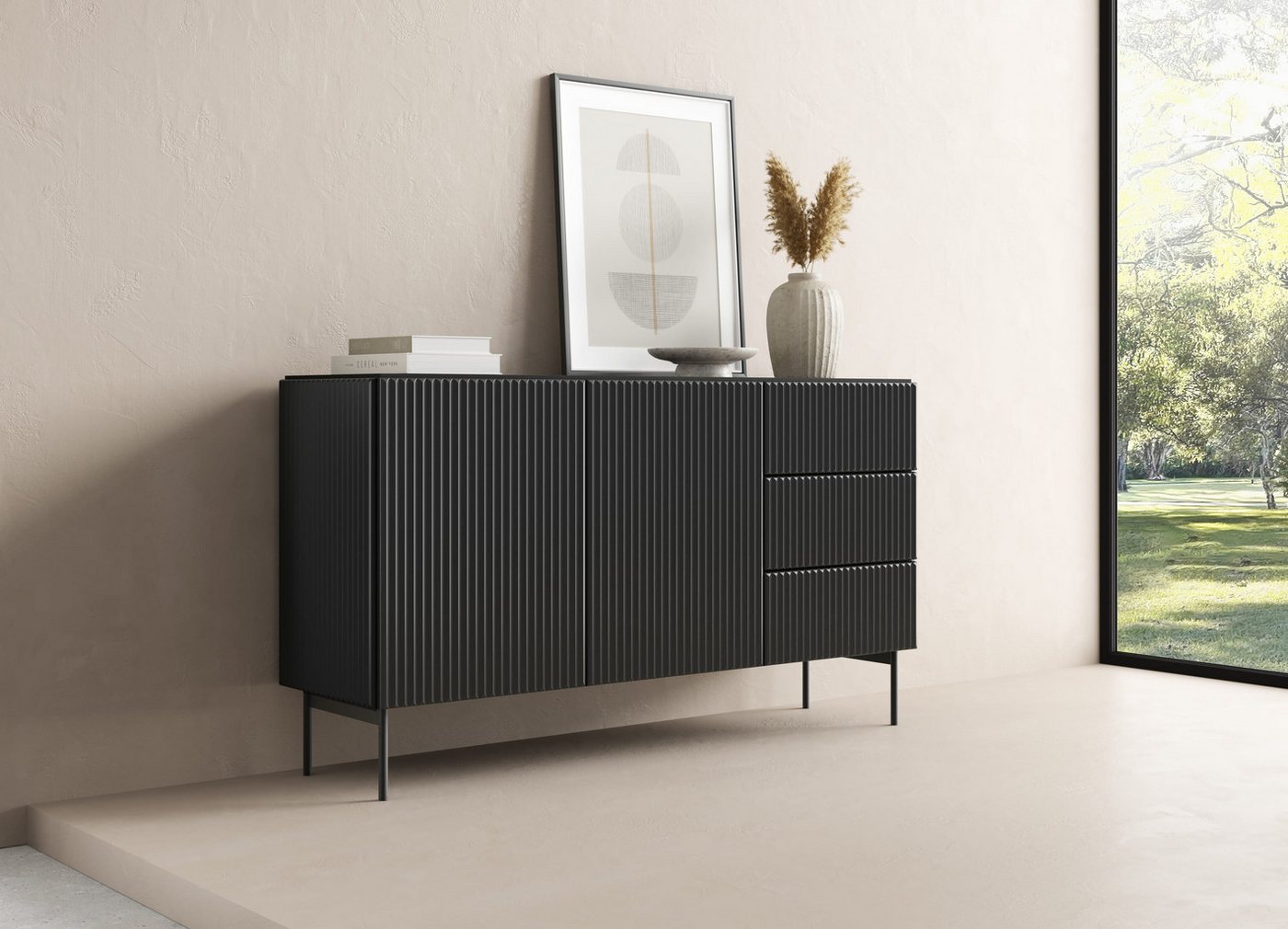 MOEBLO Kommode NORI 147 2d3s (Modernes Sideboard im eleganten Fluted-Design, wahlweise in Kaschmir oder Tiefschwarz, Stilvolle Wohnzimmer-Kommode mit Push-to-Open-System, geriffelten MDF-Fronten & stabilen Metallfüßen, Skandi & Japandi Designmöbel), (BxHxT): 147 x 81,2 x 39,8 cm von MOEBLO