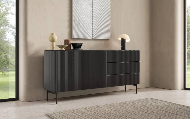 MOEBLO Kommode NORI 177 2D3S (Elegantes Fluted Design mit Push-to-Open, stilvolle Metallfüße, zeitlose Kaschmir- und Tiefschwarz-Varianten, modernes Sideboard für Wohnzimmer & Schlafzimmer), (BxHxT): 177 x 81,2 x 39,8 cm von MOEBLO