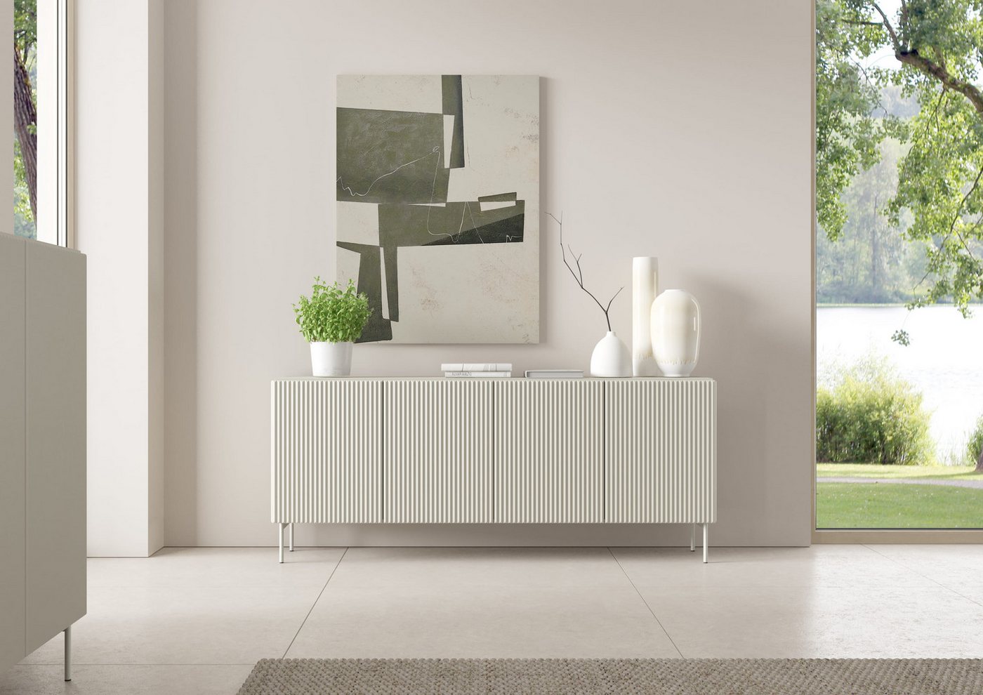 MOEBLO Kommode NORI 195 4D (Designer Sideboard & Kommode in Fluted-Optik, Kaschmir & Schwarz, modernes Wohnzimmer Highboard, stilvolles Stauraummöbel), (BxHxT): 195,2 × 81,2 × 39,8 cm von MOEBLO