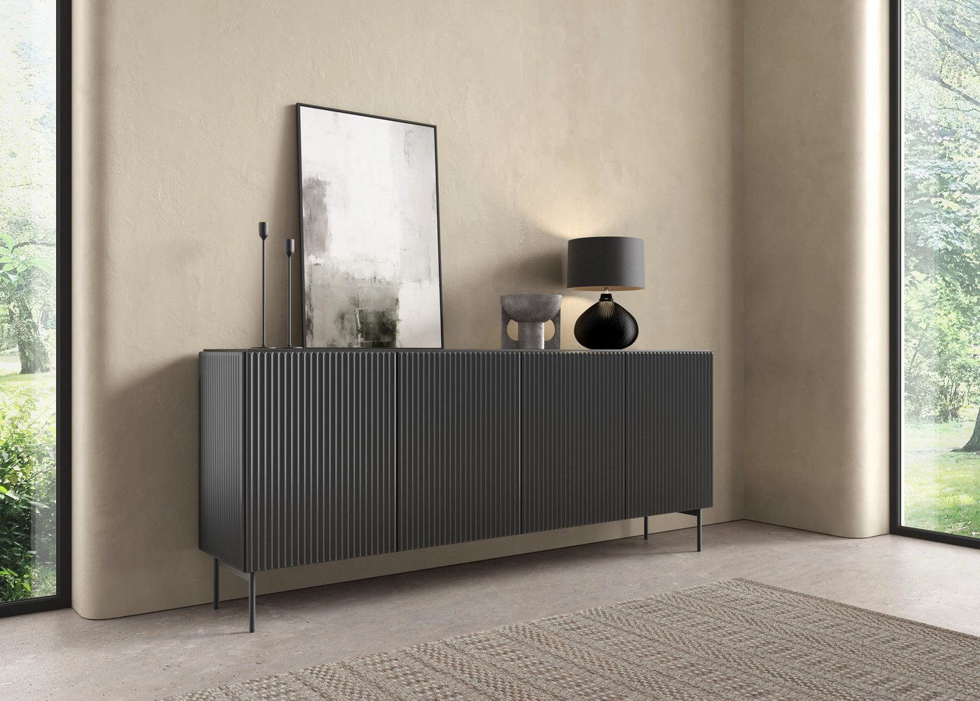 MOEBLO Kommode NORI 195 4D (Designer Sideboard & Kommode in Fluted-Optik, Kaschmir & Schwarz, modernes Wohnzimmer Highboard, stilvolles Stauraummöbel), (BxHxT): 195,2 × 81,2 × 39,8 cm von MOEBLO