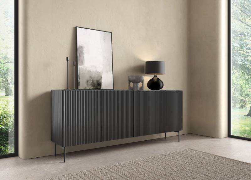MOEBLO Kommode NORI 195 4D (Designer Sideboard & Kommode in Fluted-Optik, Kaschmir & Schwarz, modernes Wohnzimmer Highboard, stilvolles Stauraummöbel), (BxHxT): 195,2 × 81,2 × 39,8 cm von MOEBLO