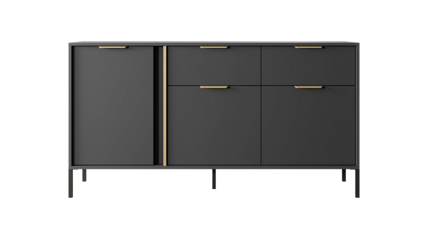 MOEBLO Kommode Nasturtium B 153 3D2S (Anthrazite, Golden-Metallgriffe, Sideboard Wohnzimmer Kommode Schlafzimmer Komodenschrank Highboard), B 153,1 cm / H 81,4 cm / T 39,5 cm von MOEBLO