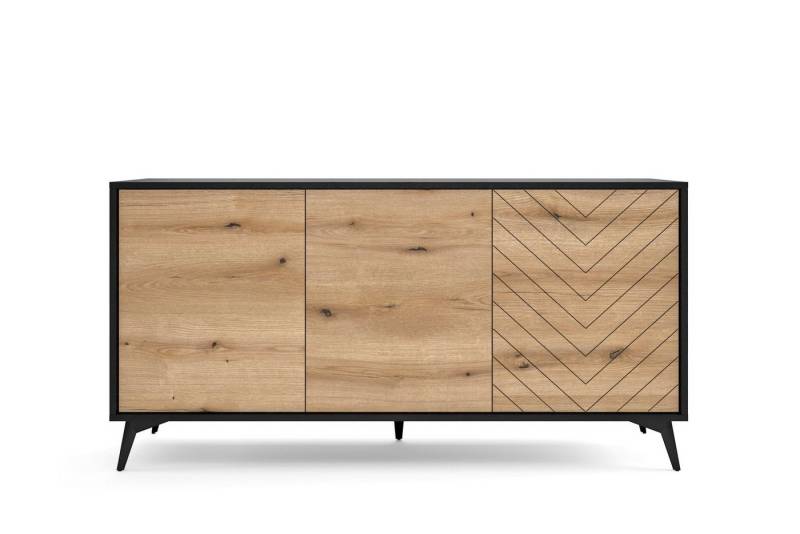MOEBLO Kommode Onyks K154 (Sideboard Wohnzimmer Kommode Schlafzimmer Komodenschrank Highboard, schwarz/eiche Evoke Fischgrät, moderne Design), (HxBxT):77x154x39cm von MOEBLO