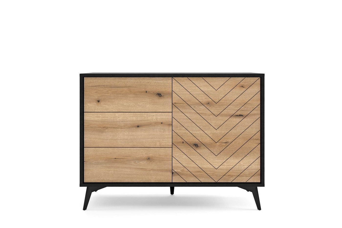 MOEBLO Kommode Onyks SZ104 (Sideboard Wohnzimmer Kommode Schlafzimmer Komodenschrank Highboard, schwarz/eiche Evoke Fischgrät, moderne Design), (HxBxT):77x104x39cm von MOEBLO