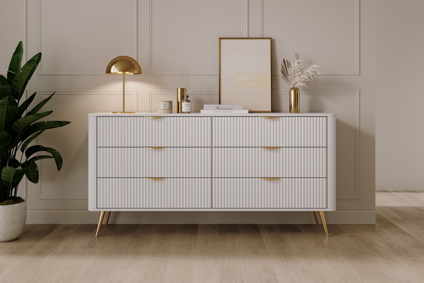 MOEBLO Kommode Pholx B 163 6s (Griffe und Beine aus Metall, geriffelte-Fronten, Sideboard Wohnzimmer Kommode Schlafzimmer Komodenschrank Highboard) von MOEBLO