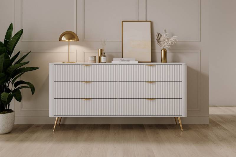 MOEBLO Kommode Pholx B 163 6s (Griffe und Beine aus Metall, geriffelte-Fronten, Sideboard Wohnzimmer Kommode Schlafzimmer Komodenschrank Highboard) von MOEBLO