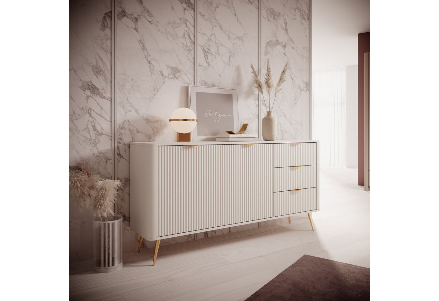 MOEBLO Kommode Pholx C 163 2D3S (Griffe und Beine aus Metall, geriffelte-Fronten, Sideboard Wohnzimmer Kommode Schlafzimmer Komodenschrank Highboard) von MOEBLO