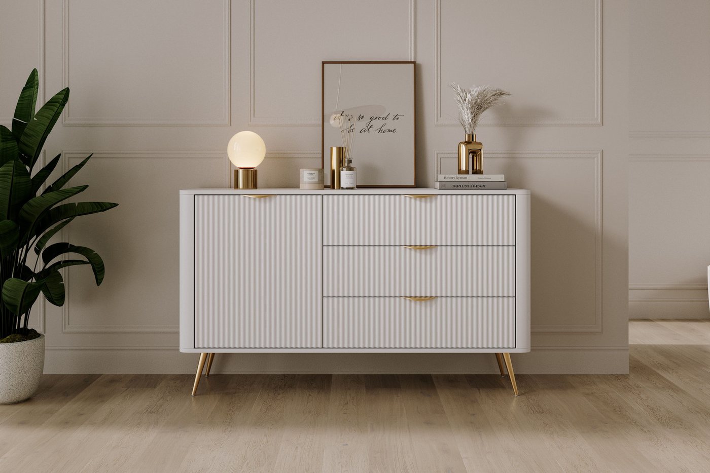 MOEBLO Kommode Pholx D 138 D3S (Griffe und Beine aus Metall, geriffelte-Fronten, Sideboard Wohnzimmer Kommode Schlafzimmer Komodenschrank Highboard) von MOEBLO