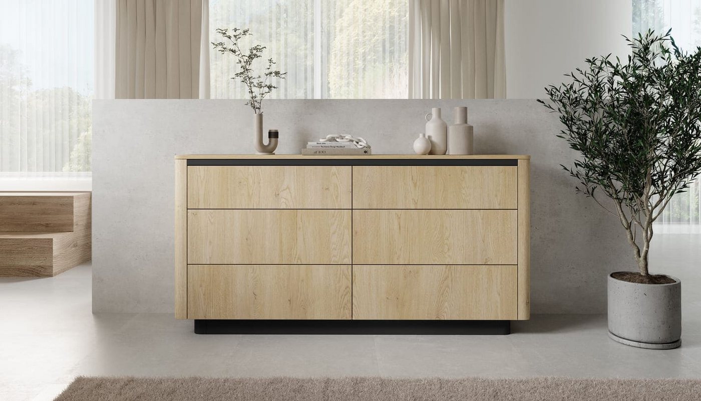 MOEBLO Kommode TARO 163 6S (Highboard Sideboard Wohnzimmer Schlafzimmer Aufbewahrung Japandi Minimalismus Modernes Wohndesign Eiche Cremona Tiefschwarz Grifflos Push-to-Open Industrial-Chic Abgerundete Kanten), (BxHxT): 163,2 x 82,9 x 38,1 cm MOEBLO Kommode TARO 163 6S (Highboard Sideboard Wohnzimmer Schlafzimmer Aufbewahrung Japandi Minimalismus Modernes Wohndesign Eiche Cremona Tiefschwarz Grifflos Push-to-Open Industrial-Chic Abgerundete Kanten), (BxHxT): 163,2 x 82,9 x 38,1 cm von MOEBLO