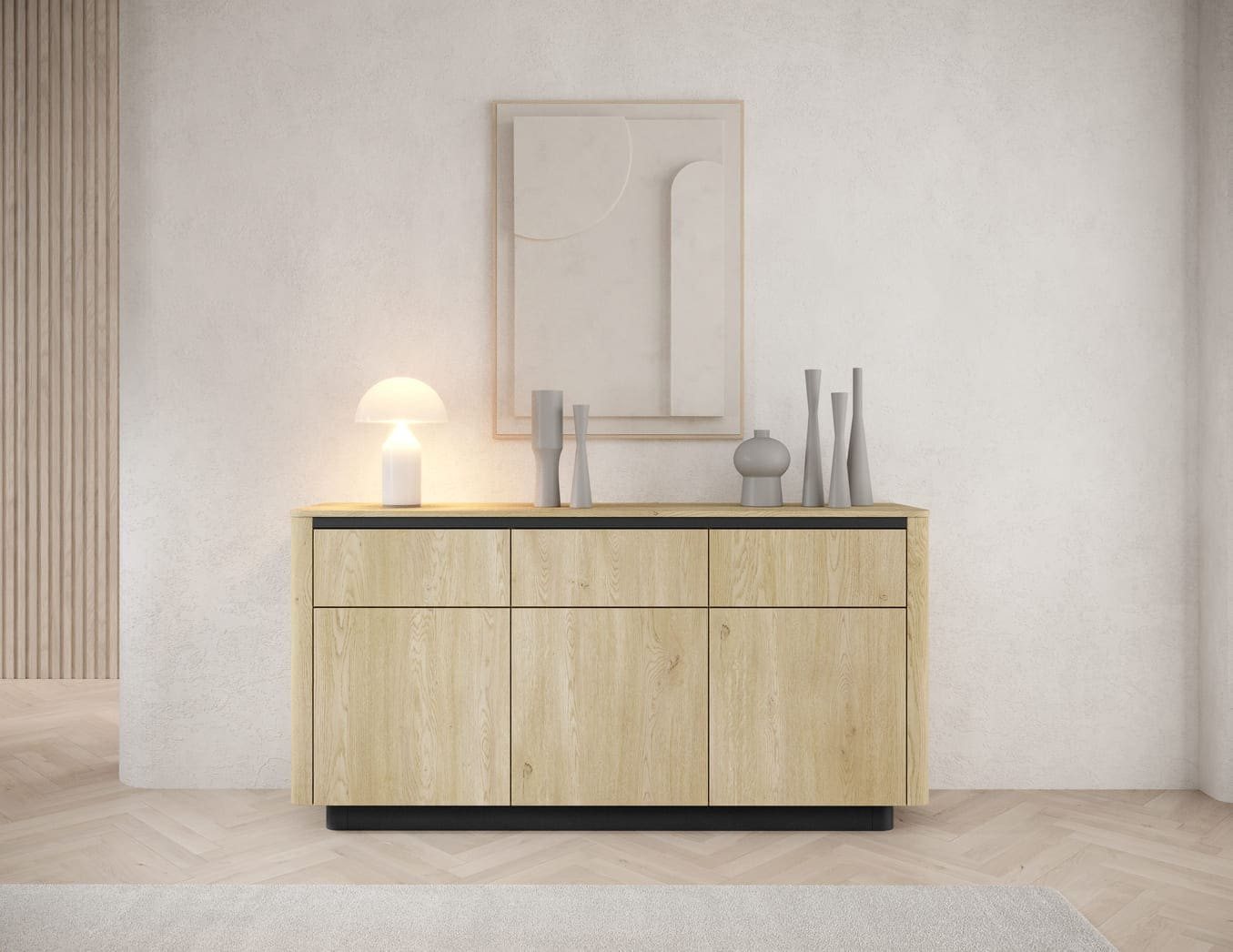 MOEBLO Kommode TARO 3S3D (stilvolles Sideboard im Japandi-Design mit 3 Türen & 3 Schubladen, griffloses Highboard mit abgerundeten Kanten, Push-to-Open-System & viel Stauraum – perfektes Möbelstück für Wohnzimmer, Schlafzimmer oder Flur), (BxHxT): 163,2 x 82,9 x 38,1 cm von MOEBLO