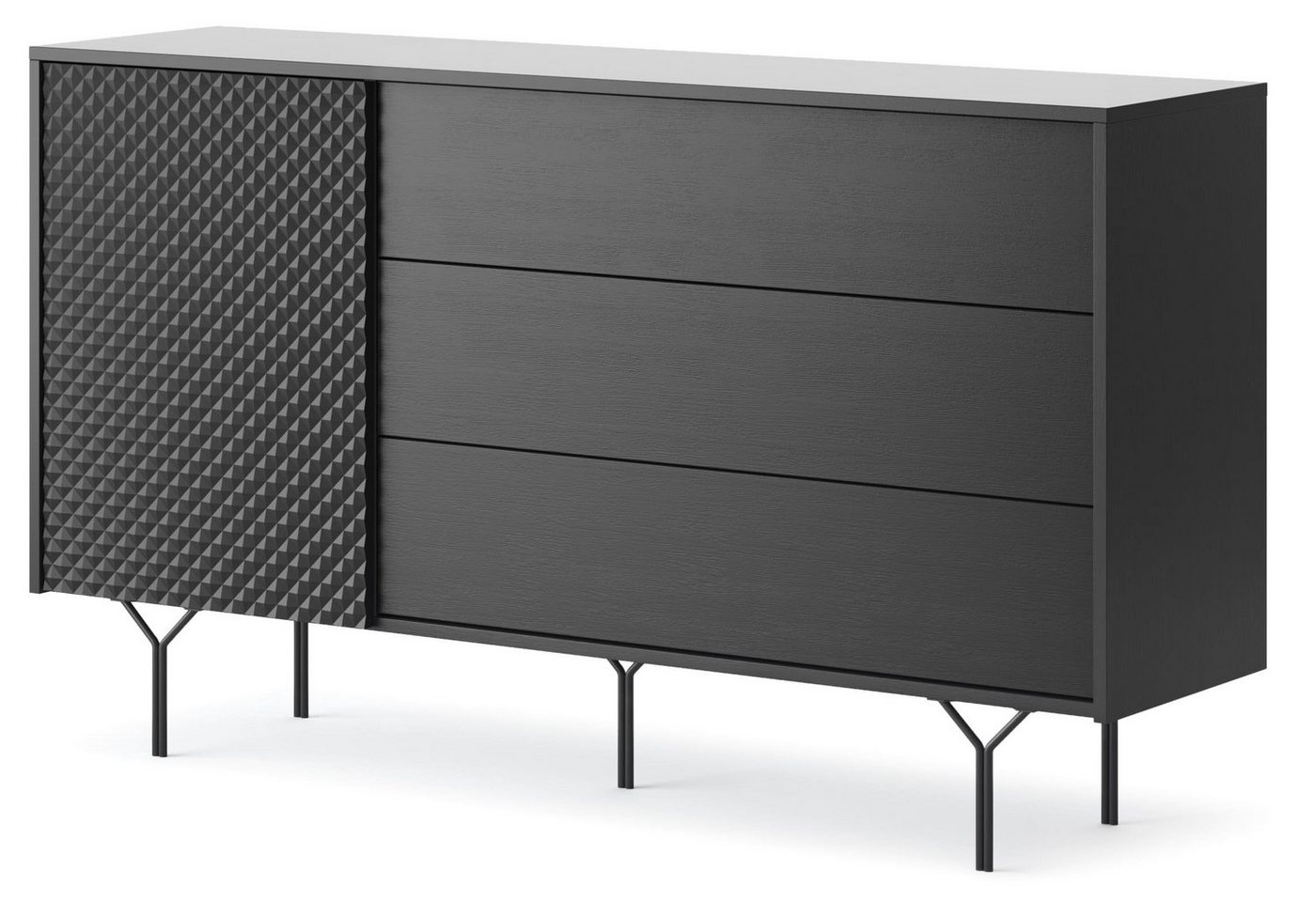 MOEBLO Kommode Venra VS144 (Sideboard Wohnzimmer Kommode Schlafzimmer Komodenschrank Highboard, Einzeltür und Schubladen, 3d gefräste Front, Graphitschwarz Farbe), (BxHxT):144x83x38cm von MOEBLO