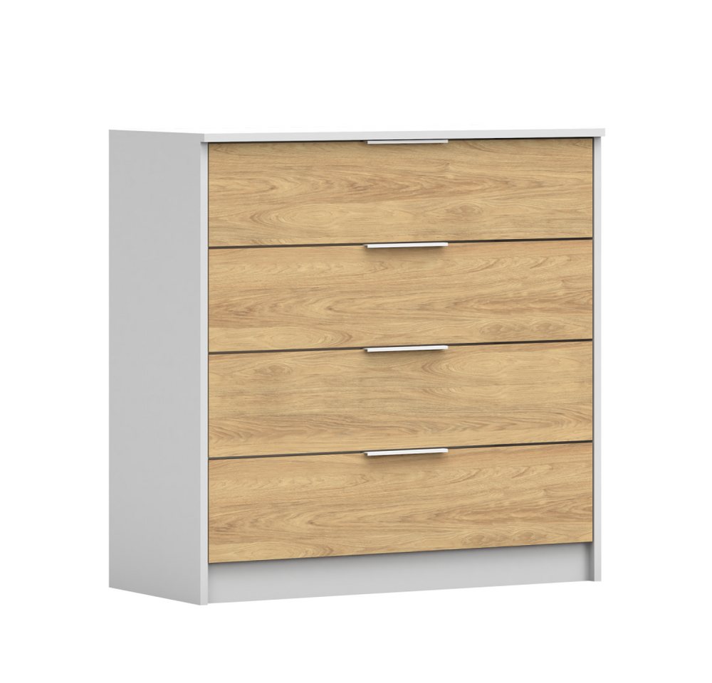 MOEBLO Kommode WETA 4S (Sideboard Wohnzimmer Schlafzimmer Komodenschrank Highboard, mit 4 Schubladen, Weiß matt + Eiche Hickory), (B x H x T): 90x90x40 cm von MOEBLO