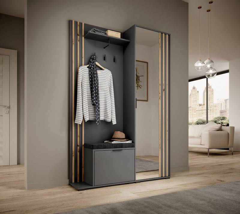 MOEBLO Kompaktgarderobe JOHN (Dielenschrank Wandschrank Regal Diele & Flur Kleiderschrank Schuhschrank, mit Spiegel Flurgarderobe Schrank Kompaktgarderobe), (BxHxT): 135x197x34cm von MOEBLO