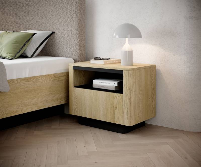 MOEBLO Nachttisch TARO 1S (moderner Nachttisch für Schlafzimmer, Sideboard im Japandi-Stil, Tiefschwarz + Eiche Cremona, grifflose Fronten, abgerundete Kanten, praktische Schublade, stilvolle Aufbewahrung, 1-St), (BxHxT): 63,2 x 50,5 x 38,1 cm von MOEBLO