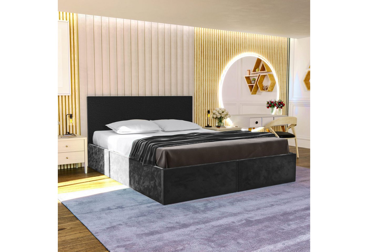 MOEBLO Polsterbett ARIANA (Doppelbett mit Kopfstütze, Rahmenbettgestell, Velours, mit Bettkasten und Lattenrost), gepolstertes Kopfteil, mit Bettkasten und Lattenrost von MOEBLO