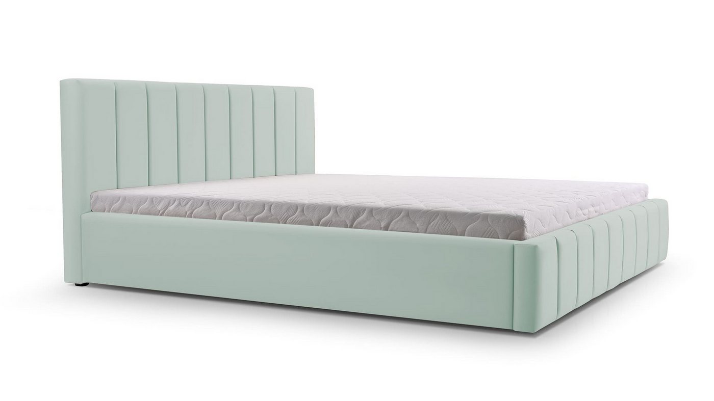 MOEBLO Polsterbett BETT 01 (Doppelbett mit Kopfstütze, Rahmenbettgestell - Stilvolles Design mit maximalem Komfort, mit Bettkasten und Lattenrost), gepolstertes Kopfteil mit Bettkasten von MOEBLO