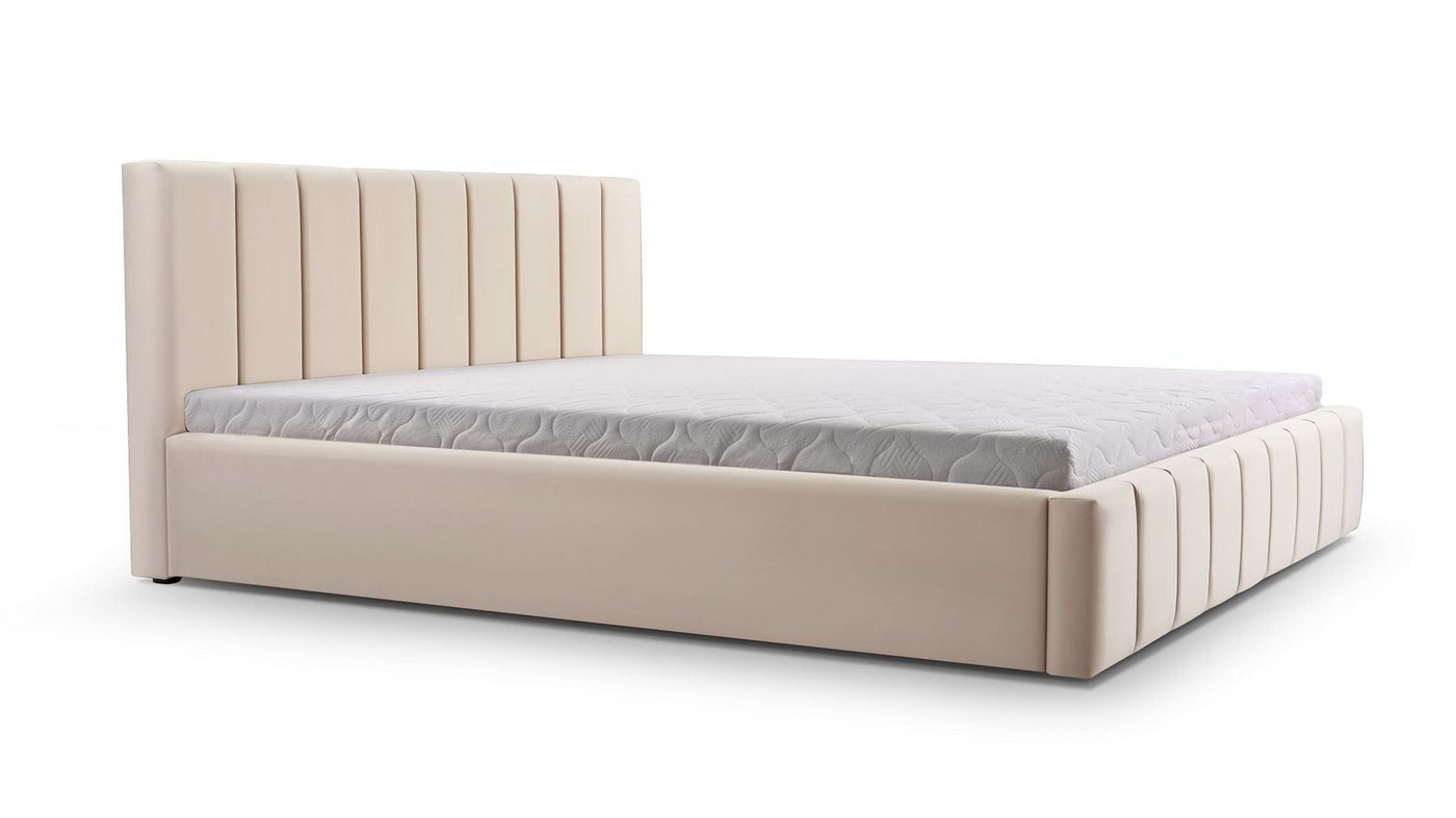 MOEBLO Polsterbett BETT 01 (Doppelbett mit Kopfstütze, Rahmenbettgestell - Stilvolles Design mit maximalem Komfort, mit Bettkasten und Lattenrost), gepolstertes Kopfteil mit Bettkasten von MOEBLO