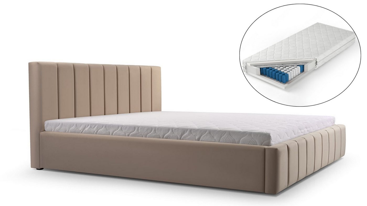 MOEBLO Polsterbett Bett 01 mit Matratze H3 (Polsterbett mit Bettkasten & Matratze H3 inkl. Lattenrost, Doppelbett in 140x200cm) von MOEBLO