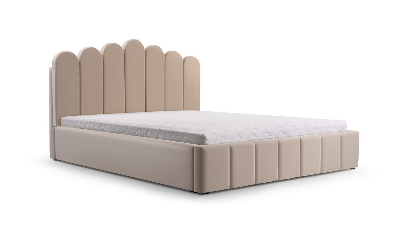 MOEBLO Polsterbett Bett 03 (Double Doppelbett mit Kopfstütze, Rahmenbettgestell, mit Bettkasten und Lattenrost), gepolstertes Kopfteil von MOEBLO