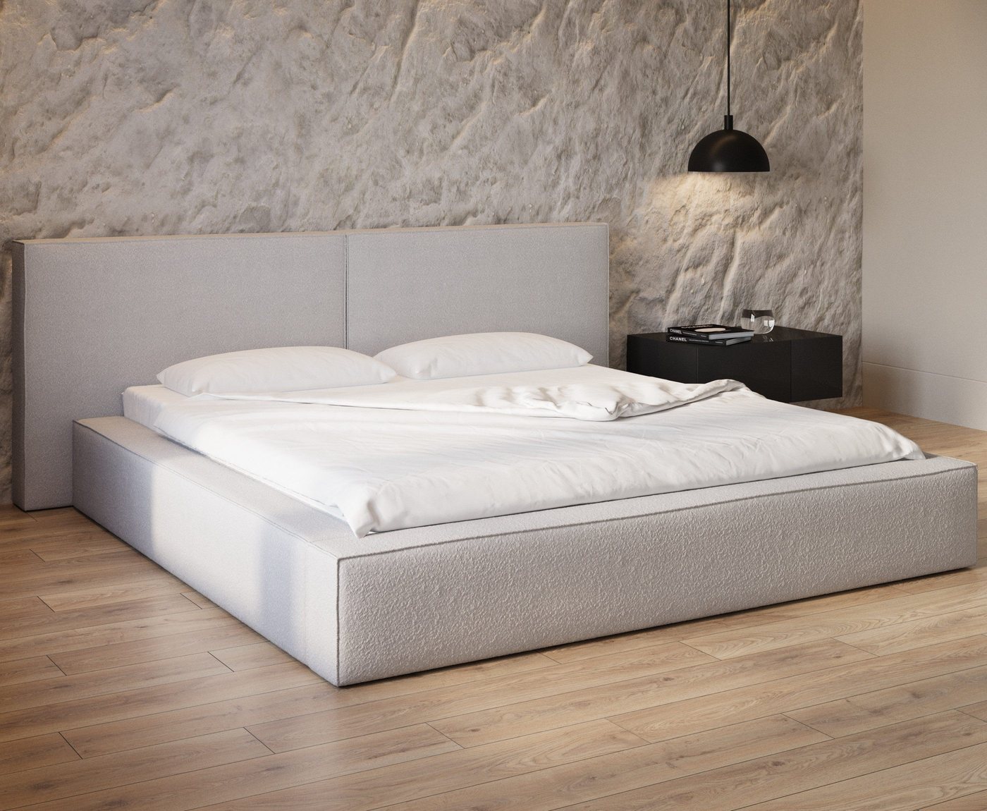 MOEBLO Polsterbett aus Bouclé Bett 06 (Bezug: Boucle, Doppelbett mit Kopfstütze, Rahmenbettgestell, mit Bettkasten und Lattenrost), gepolstertes Kopfteil, mit Bettkasten von MOEBLO