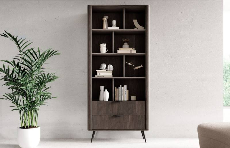 MOEBLO Regal LARON 2s, mit 2 Schubladen, Eiche Dunin – Modernes Standregal im Japandi & Industrial Design mit schwarzen Metallfüßen, geriffelter Leiste und eleganter Holzoptik, Bücherregal Bücherregal für das Büro Bücherregal für Dokumente Wohnbereich Wohnzimmer, (BxHxT): 88,2 x 193,8 x 38 cm von MOEBLO