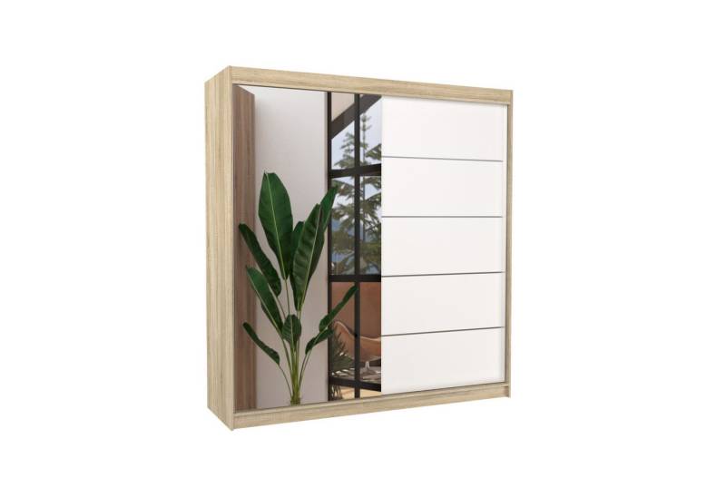 MOEBLO Schiebetürenschrank MIRANO 200 (mit Spiegel, Kleiderschrank mit viel Stauraum & modernem Design, Schwebetürenschrank 2-türig Schrank Garderobe Schiebtüren Schlafzimmer) (B x H x T): 200 x 215 x 58 cm von MOEBLO