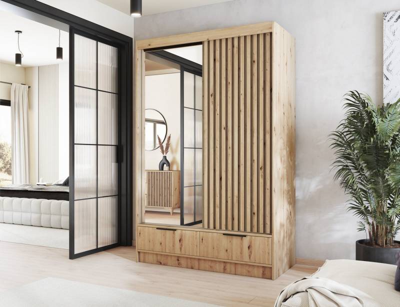 MOEBLO Schiebetürenschrank Yoga (Moderner Schrank mit Spiegel, Lamellen-Design und praktischen Schubladen – Stauraum & Eleganz in Artisan Eiche, Schwebetürenschrank 2-türig Schrank Garderobe Schiebtüren Schlafzimmer) (BxHxT): 120/180x204x60 cm von MOEBLO