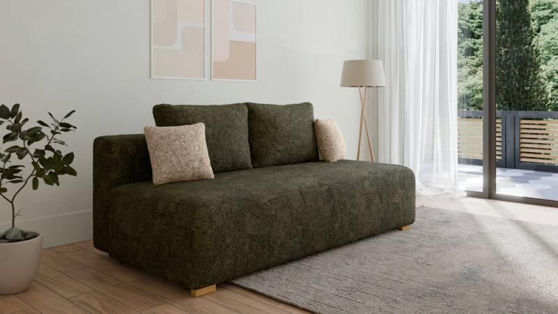 MOEBLO Schlafsofa MOSS, Funktionssofa mit Bettfunktion, Stauraum, Bouclé-Bezug & Rückenkissen, Couch Polstermöbel Sitzmöbel Wohnzimmermöbel 3-Sitzer-Sofa Stoffsofa, dekorativer Kissen, (BxHxT):200x90x100 cm von MOEBLO