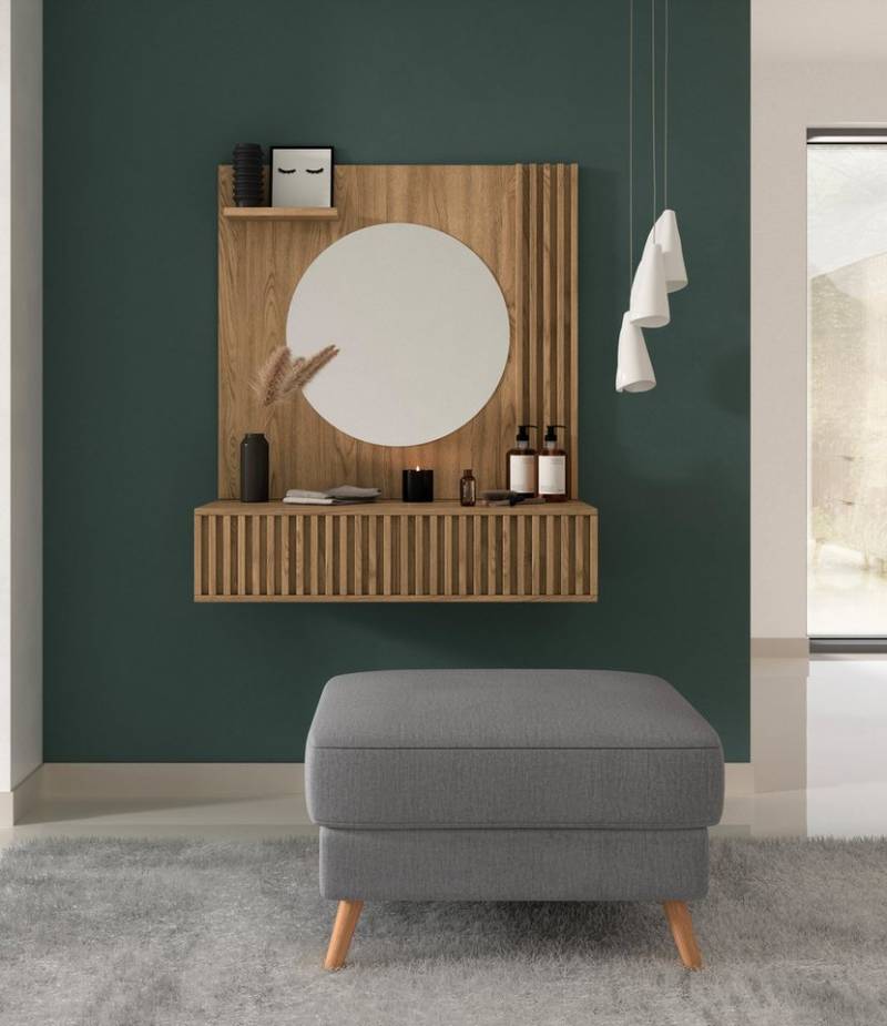MOEBLO Schminktisch Entia (Eiche Artisan mit Lamellen mit Schublade mit Spiegel, Frisiertisch, Schminktisch, Kosmetiktisch, Spiegel), (HxTxB):100x40x85 cm von MOEBLO
