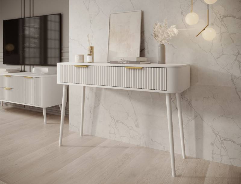 MOEBLO Schminktisch Ixia (mit geriffelter Front & goldfarbenen Griffen – moderner Frisiertisch mit 2 Schubladen, weißen Holzbeinen & zeitlosem Design, Frisiertisch, Schminktisch, Kosmetiktisch), (BxHxT): 120 x 80 x 40 cm von MOEBLO