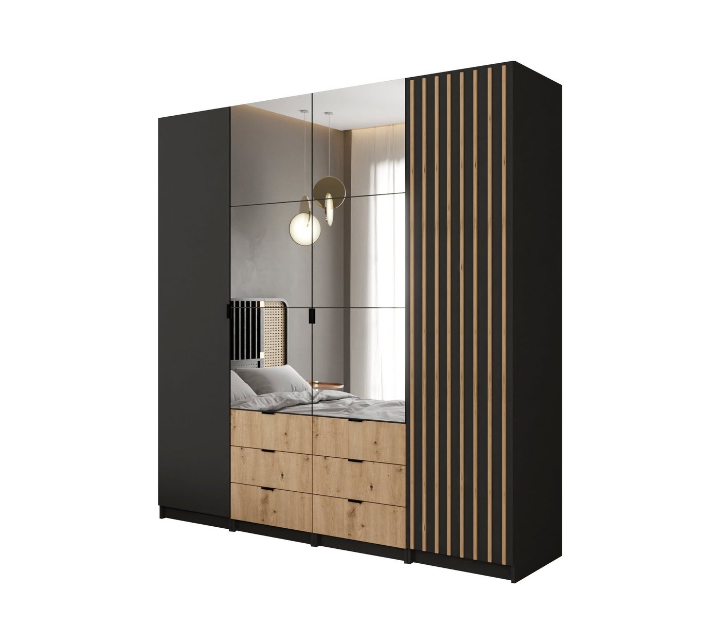 MOEBLO Kleiderschrank XANO 200 (Drehtürenschrank mit Schubladen 4-türig Schrank Garderobe Schlafzimmer Schrank mit Latten aus Holz / Holzlatten, mit Spiegel und Schubladen) (B x H x T):200cm x 216cm x 57cm von MOEBLO