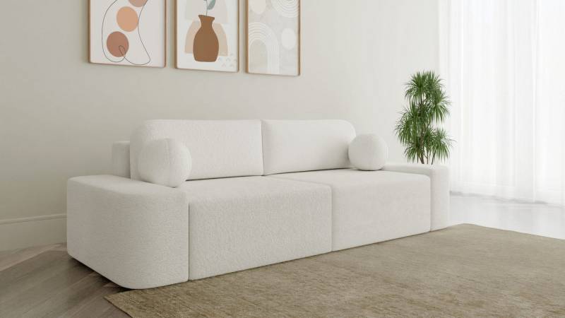 MOEBLO Sofa Lisbon aus Bouclé, – 268 cm – modernes Sofa mit Bettfunktion, Bettkasten & gepolstertem Rücken & Zierkissen – Komfort-Couch fürs Wohnzimmer, Couch Polstermöbel Sitzmöbel Wohnzimmermöbel 3-Sitzer-Sofa Stoffsofa, (BxHxT):268x85x110 cm von MOEBLO