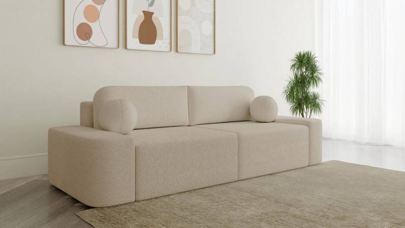MOEBLO Sofa Lisbon aus Bouclé, – 268 cm – modernes Sofa mit Bettfunktion, Bettkasten & gepolstertem Rücken & Zierkissen – Komfort-Couch fürs Wohnzimmer, Couch Polstermöbel Sitzmöbel Wohnzimmermöbel 3-Sitzer-Sofa Stoffsofa, (BxHxT):268x85x110 cm von MOEBLO