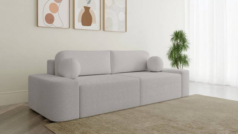MOEBLO Sofa Lisbon aus Bouclé, – 268 cm – modernes Sofa mit Bettfunktion, Bettkasten & gepolstertem Rücken & Zierkissen – Komfort-Couch fürs Wohnzimmer, Couch Polstermöbel Sitzmöbel Wohnzimmermöbel 3-Sitzer-Sofa Stoffsofa, (BxHxT):268x85x110 cm von MOEBLO