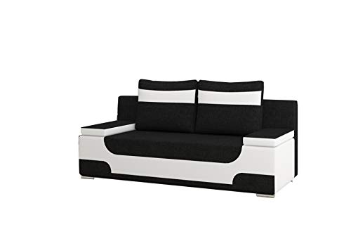 MOEBLO Sofa mit Schlaffunktion und Bettkasten, Couch für Wohnzimmer, Schlafsofa Federkern Sofagarnitur Polstersofa Wohnlandschaft mit Bettfunktion - Andrea (Schwarz +Weiß (Sawana 14 +Soft 17) von E-MEUBILAIR