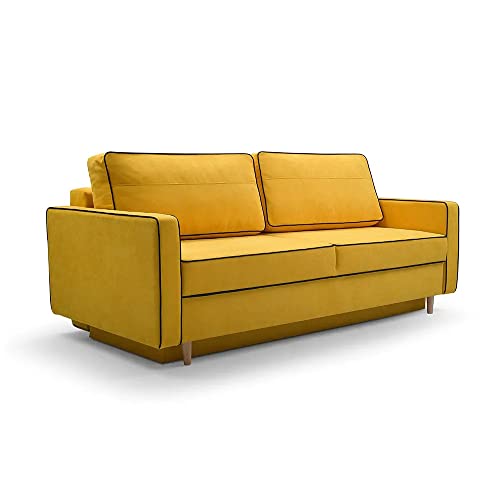 MOEBLO Sofa mit Schlaffunktion und Bettkasten aus Samt Couch für Wohnzimmer, Schlafsofa Wohnlandschaft mit Bettfunktion - KASTA - Gelb von MOEBLO