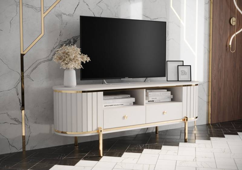 MOEBLO TV-Board DALLAS (TV-Kommode Lowboard mit Schublade TV-Board Fernsehschrank Fernsehtisch TV-Schrank Goldene Griffe), dekorative Riffelung von MOEBLO
