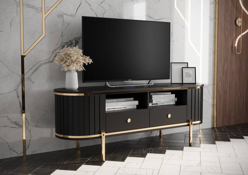 MOEBLO TV-Board DALLAS (TV-Kommode Lowboard mit Schublade TV-Board Fernsehschrank Fernsehtisch TV-Schrank Goldene Griffe), dekorative Riffelung von MOEBLO