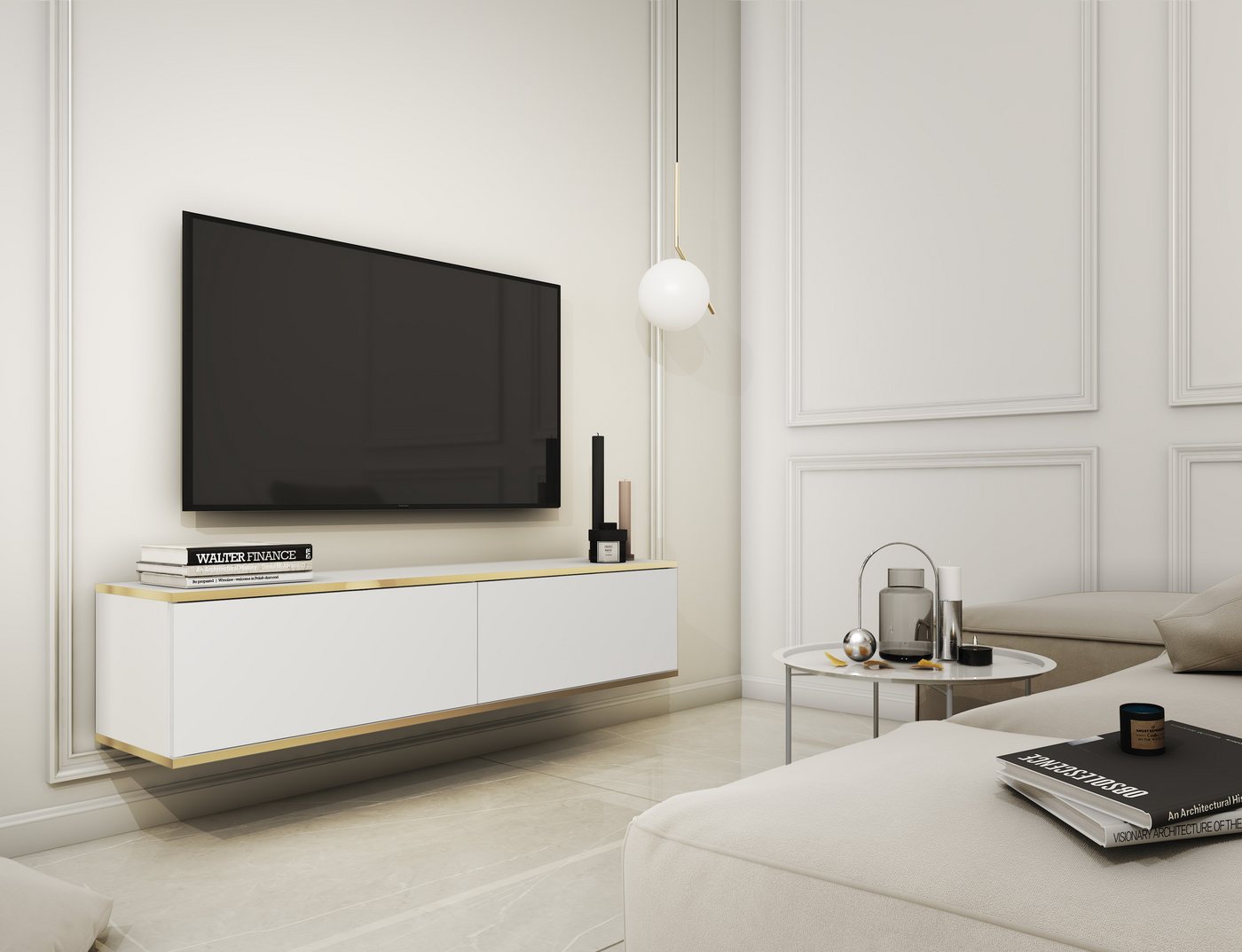MOEBLO TV-Board Dayn RTV - 135 (Hängendes Lowboard mit Push-to-Open, TV-Schrank im Glamour-Stil mit goldenen Akzenten, Fernsehschrank aus MDF, RTV-Schrank mit goldenen Einsätzen), (HxBxT):30x135x32cm von MOEBLO