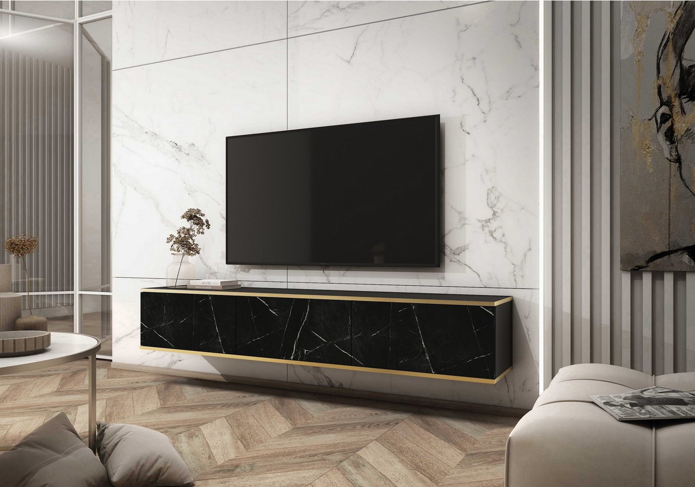 MOEBLO TV-Board Dayn RTV 175 (Hängendes Lowboard im Glamour-Stil, TV-Schrank mit Push-to-Open & goldenen Akzenten, Fernsehtisch aus MDF, RTV-Schrank mit goldenen Einsätzen Hängend), (HxBxT):30x175x32cm von MOEBLO