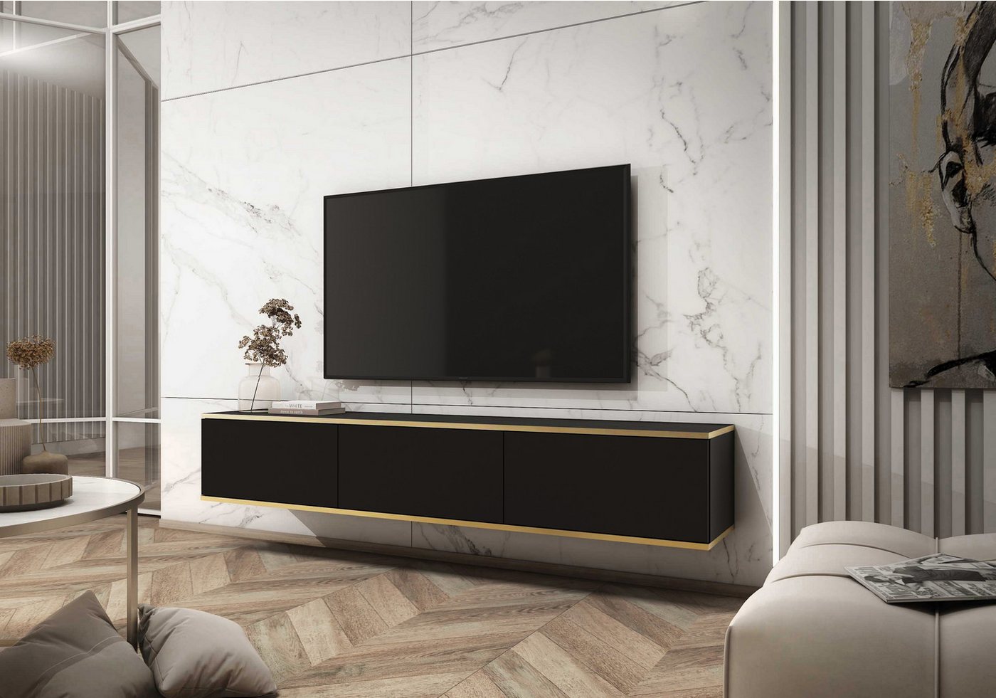 MOEBLO TV-Board Dayn RTV 175 (Hängendes Lowboard im Glamour-Stil, TV-Schrank mit Push-to-Open & goldenen Akzenten, Fernsehtisch aus MDF, RTV-Schrank mit goldenen Einsätzen Hängend), (HxBxT):30x175x32cm von MOEBLO