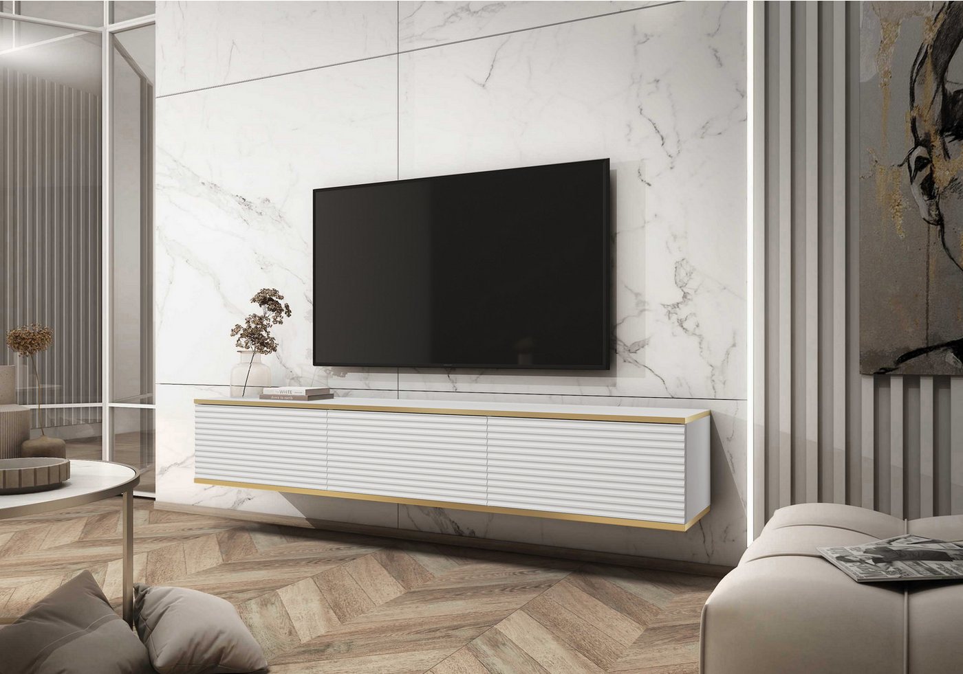 MOEBLO TV-Board Dayn RTV - 175 MDF (Lowboard Fernsehtisch TV Bank TV Tisch Fernseher Tisch TV Möbel, RTV-Schrank mit goldenen Einsätzen), (HxBxT):30x175x32cm von MOEBLO