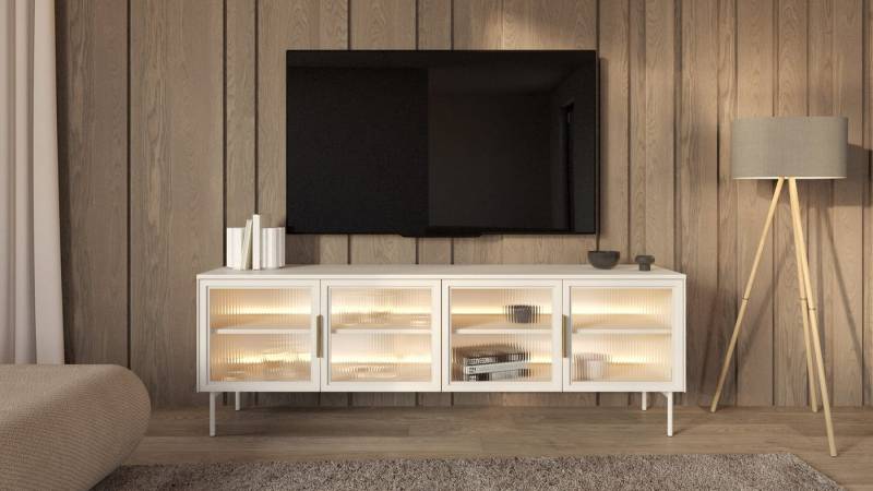MOEBLO TV-Board ELOA 181 4D (Stilvolles Highboard mit LED-Beleuchtung, Ornamentglas & gehärtetem Glas, Metallakzenten, Kaschmir oder Eiche Dunin, Wohnzimmer Kommode Wohnzimmermöbel), (BxHxT): 181,3 x 61,6 x 39,3 cm von MOEBLO