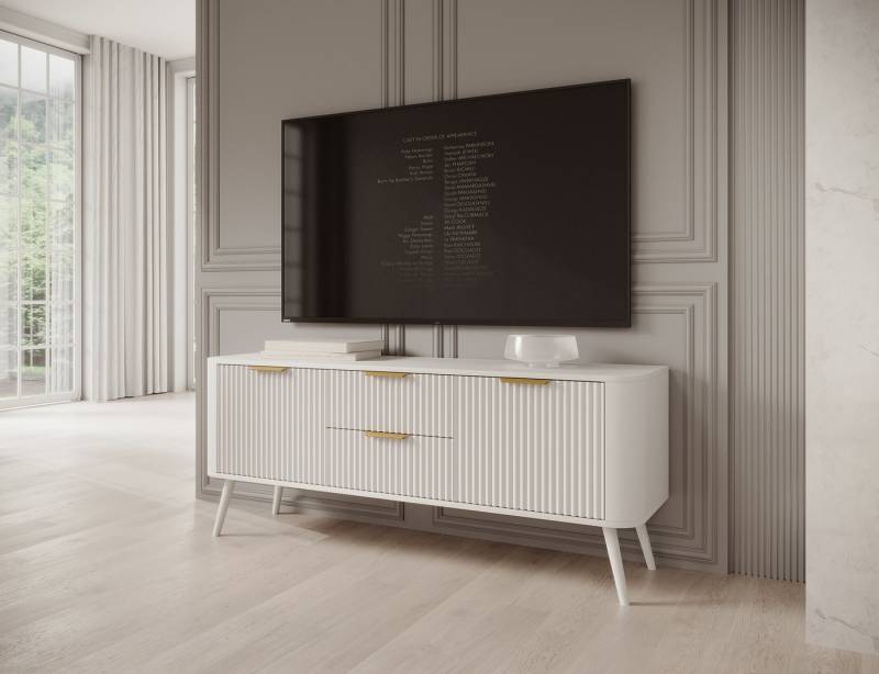MOEBLO TV-Board Ixia (mit geriffelter Front, goldfarbenen Griffen & weißen Holzfüßen – moderner TV-Unterschrank mit zwei geräumigen Schubladen, Lowboard Fernsehtisch TV Bank TV Tisch Fernseher Tisch TV Möbel), (BxHxT): 150x60x40 cm von MOEBLO
