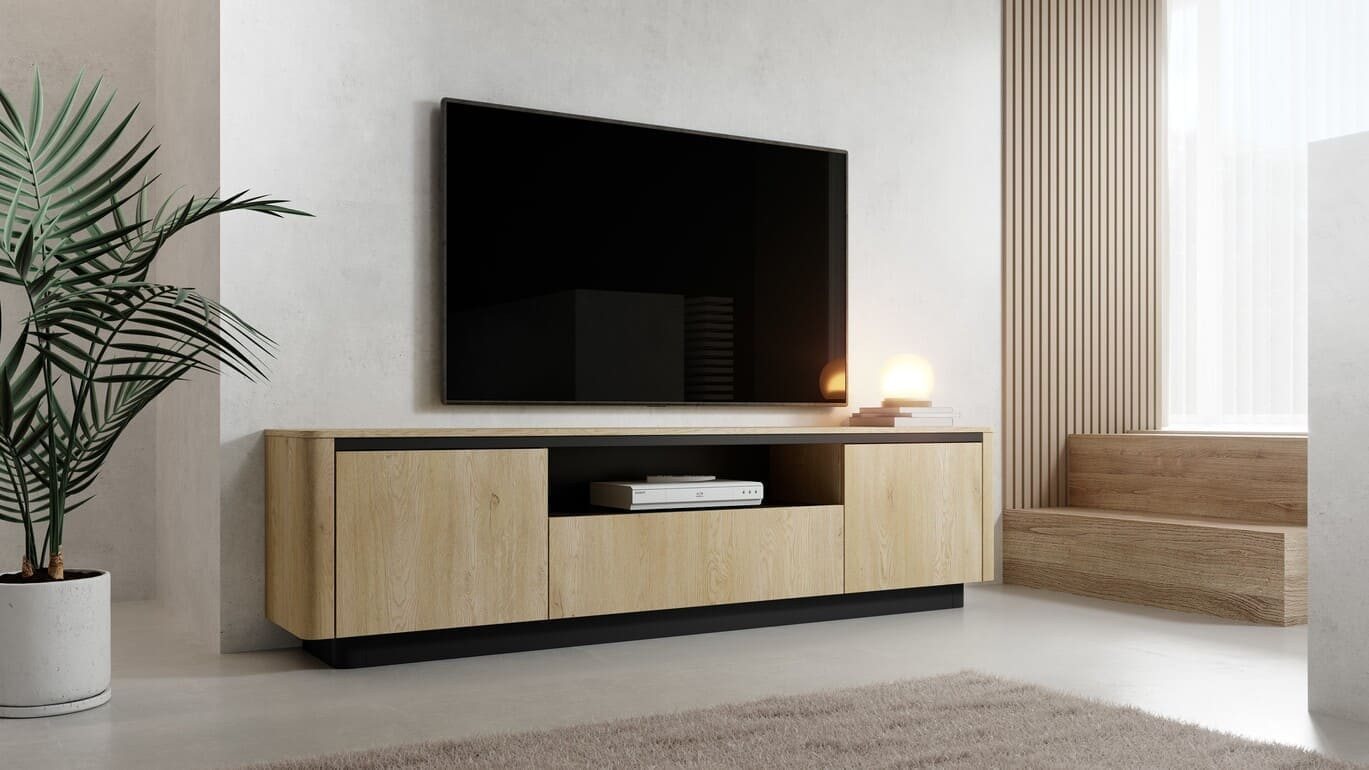 MOEBLO TV-Board RTV TARO 200 3D (Japandi TV-Möbel im modernen Industrial Stil, Eiche Cremona & Schwarz, großes Lowboard mit Stauraum, grifflose Fronten, abgerundete MDF-Kanten, elegantes Sideboard fürs Wohnzimmer), (BxHxT): 200 x 54,9 x 38,1 cm von MOEBLO