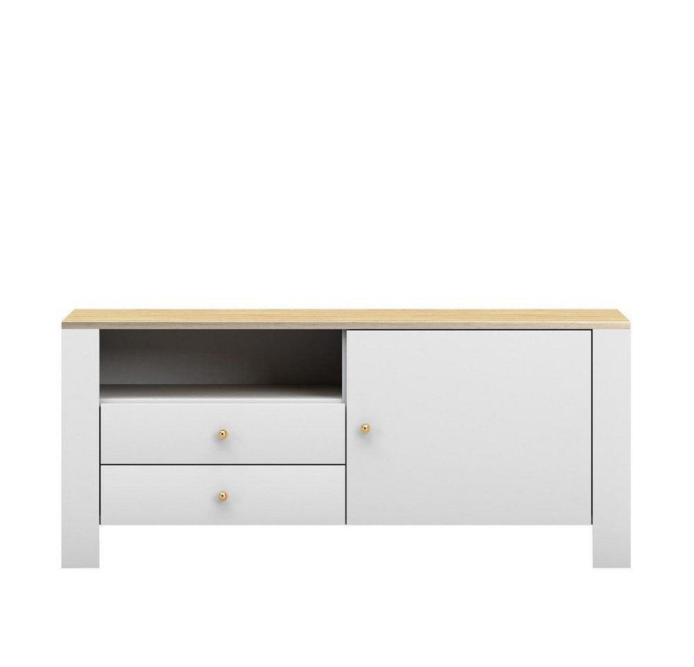 MOEBLO TV-Board TV SCHRANK GAWIN 05 (Lowboard Fernsehtisch TV Bank TV Tisch Fernseher Tisch TV Möbel, goldene Metallgriffe, Weiß matt + Eiche Hickory + Gold, mit Schubladen), (BxHxT):120x50x52cm von MOEBLO