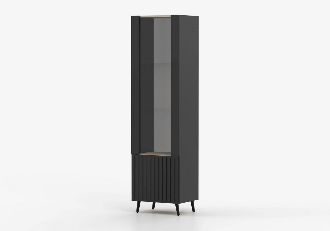 MOEBLO Vitrine AUREO 1 (1-türig – Moderne Glasvitrine mit Riffel-Front, Metallfüßen & Stauraum, 53x193x42 cm, Kaschmir / Schwarz & Eiche Cremona – Wohnzimmermöbel im eleganten Design) (BxHxT): 53 x 193 x 42 cm von MOEBLO
