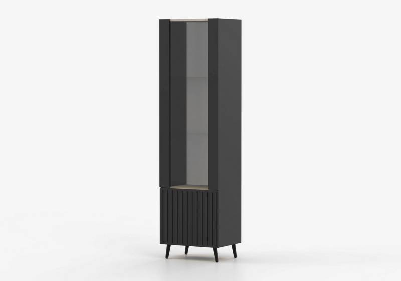 MOEBLO Vitrine AUREO 1 (1-türig – Moderne Glasvitrine mit Riffel-Front, Metallfüßen & Stauraum, 53x193x42 cm, Kaschmir / Schwarz & Eiche Cremona – Wohnzimmermöbel im eleganten Design) (BxHxT): 53 x 193 x 42 cm von MOEBLO